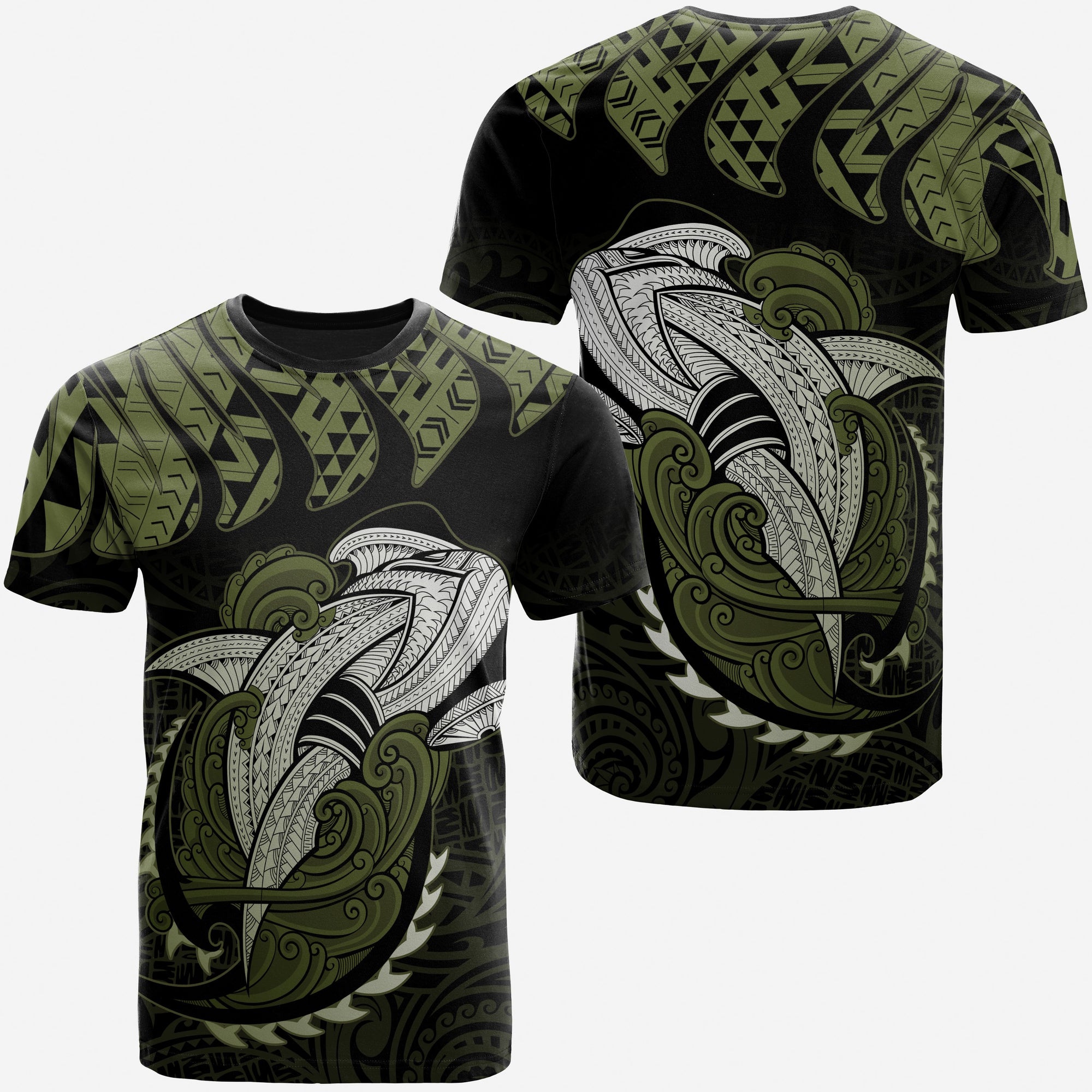 Hawaii Polynesian Aumakua Hammerhead Shark T Shirt Cloud Style Green Military Unisex Green - Polynesian Pride