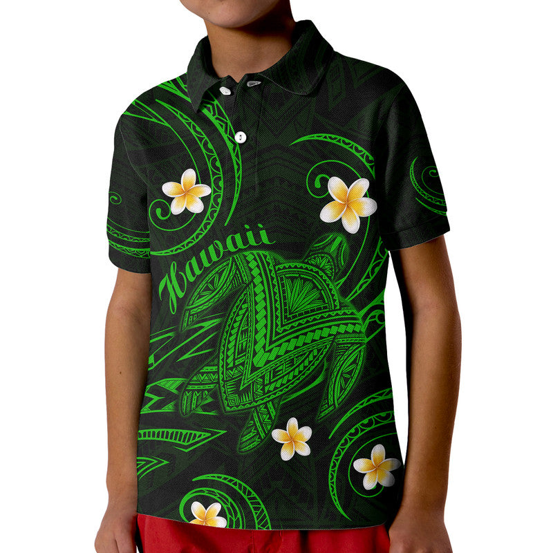 Hawaii Polo Shirt Hawaiian Turtle Plumeria Mixed Polynesian Green Style LT9 Kid Green - Polynesian Pride