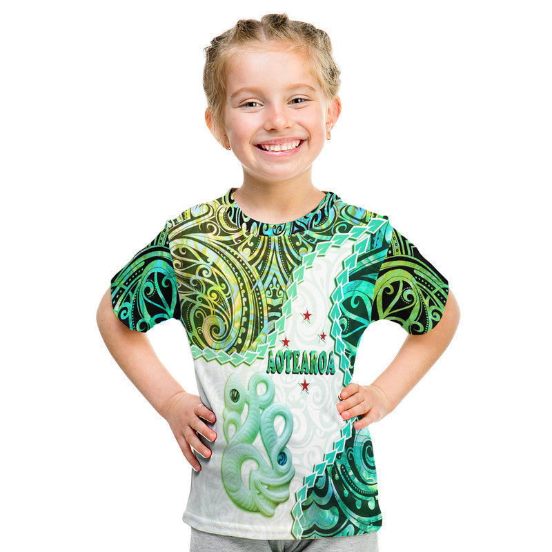 New Zealand Maori T Shirt Aotearoa Manaia Green Paua Shell Kia Ora LT9 Kid Green - Polynesian Pride