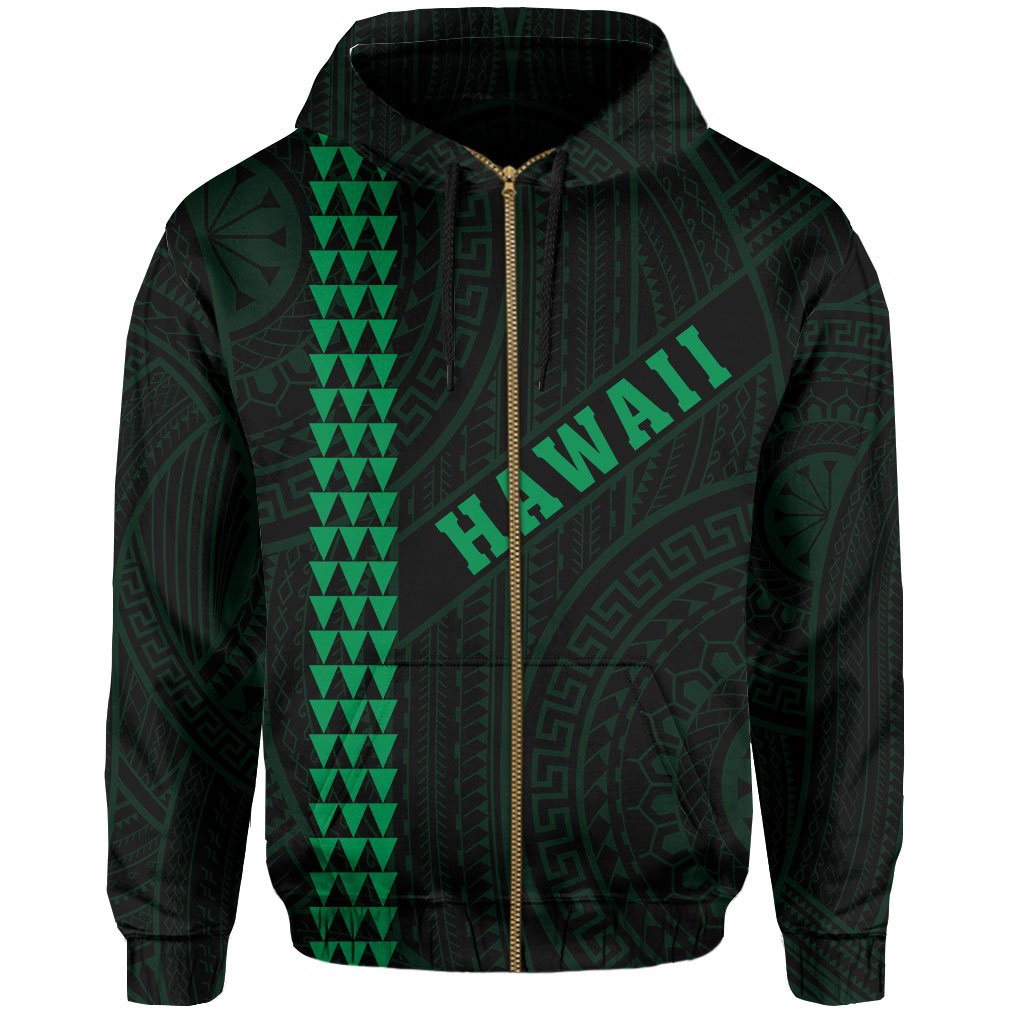 Polynesian Kakau Turtle Ohana Map of Hawaii Zip Hoodie Green - Polynesian Pride