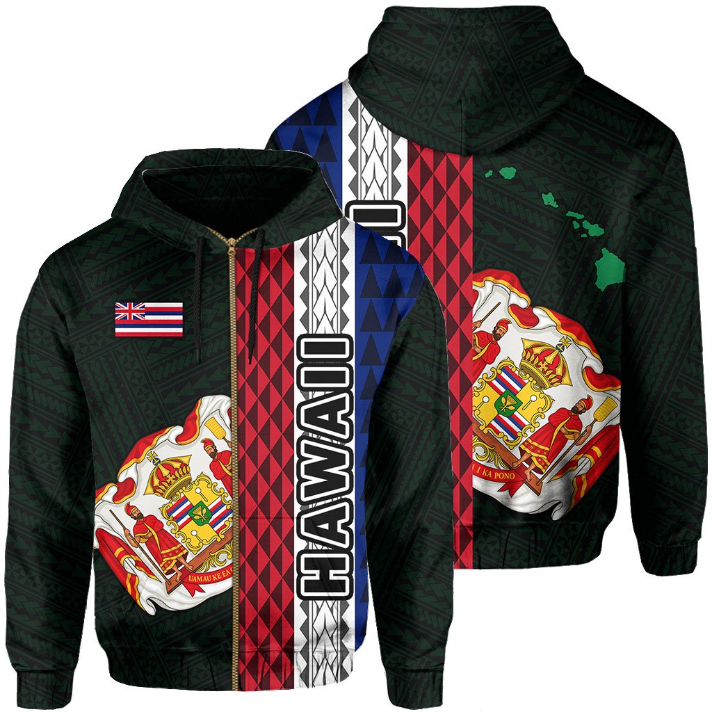 Polynesian Kakau Hawaii Flag Royal Coat of Arms Hawaii Zip Hoodie Green Unisex Green - Polynesian Pride