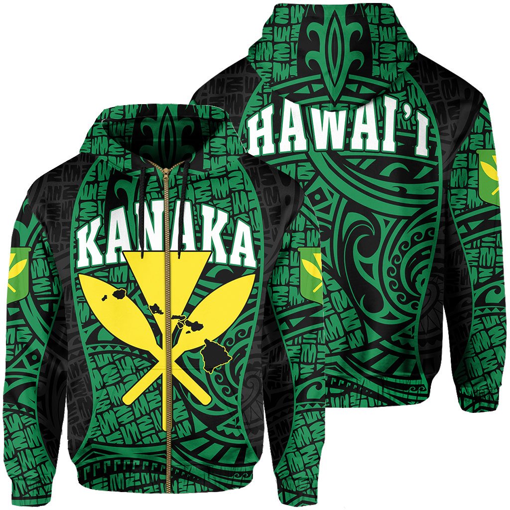 Polynesian Kanaka Maoli Hawaii Zip Hoodie Green Gel Style Unisex Green - Polynesian Pride