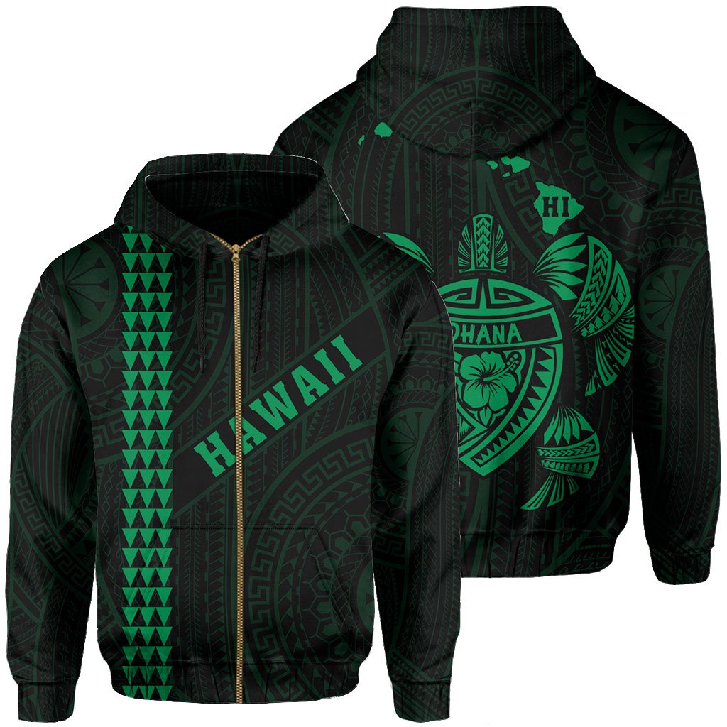 Polynesian Kakau Turtle Ohana Map of Hawaii Zip Hoodie Green Unisex Green - Polynesian Pride