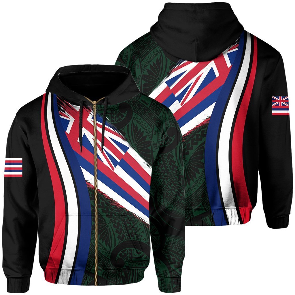 Hawaii Flag Polynesian Hoodie Zip Green Ten Style Unisex Green - Polynesian Pride