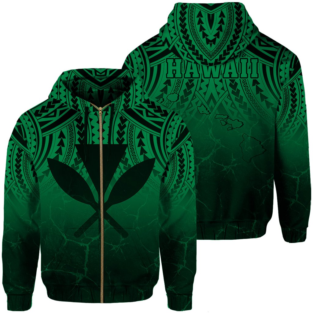Hawaii Polynesian Kanaka Map Eruption Hoodie Zip Roman Style Green Unisex Green - Polynesian Pride