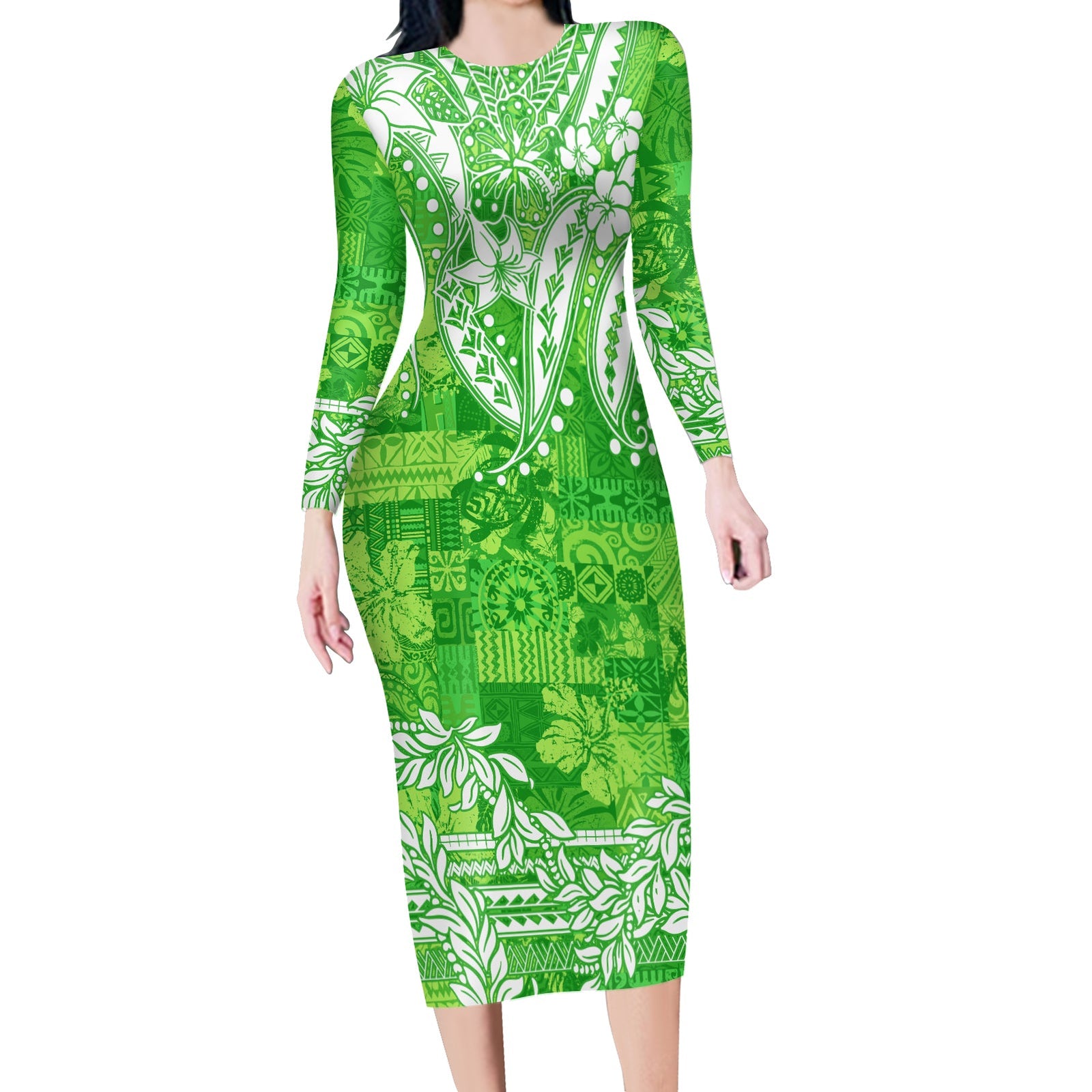 Polynesian Long Sleeves Bodycon Dress Tapa Plumeria Style - Green LT7 Polyester spandex Green - Polynesian Pride