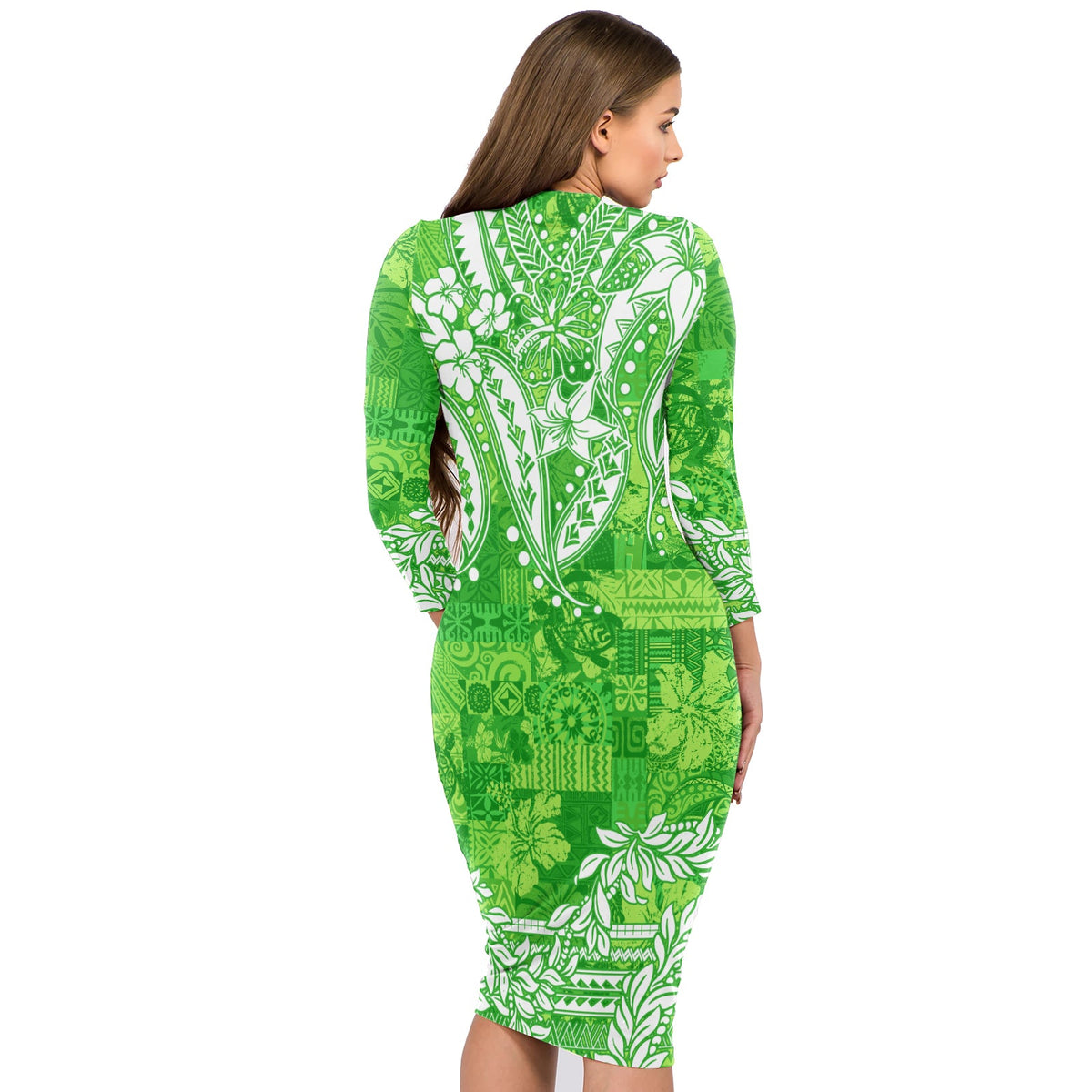 Polynesian Long Sleeves Bodycon Dress Tapa Plumeria Style - Green LT7 - Polynesian Pride