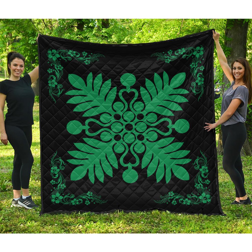 Hawaiian Quilt Maui Plant And Hibiscus Premium Quilt - Green Black - AH Green - Polynesian Pride