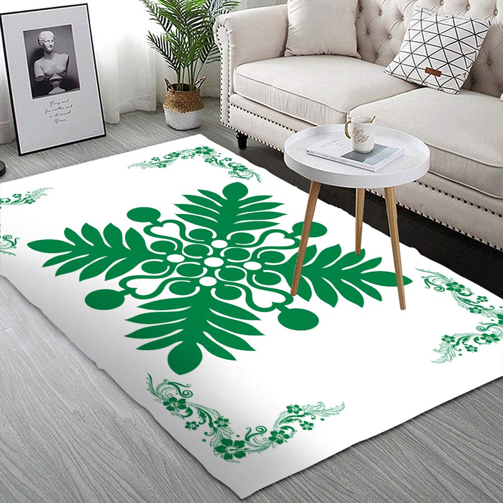 Hawaiian Quilt Maui Plant And Hibiscus Pattern Area Rug - Green White - AH - Polynesian Pride