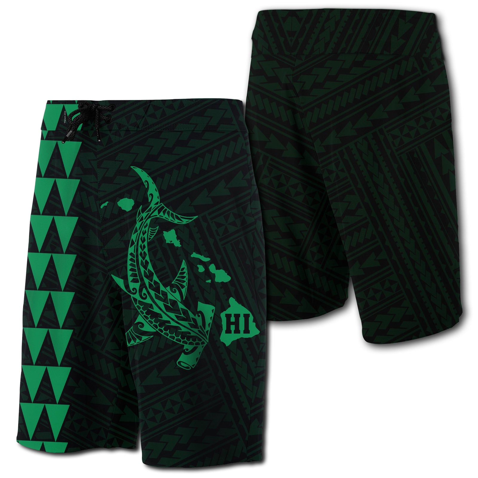 Hawaii Kakau Polynesian Hammerhead Shark Board Shorts - Green Men Green - Polynesian Pride