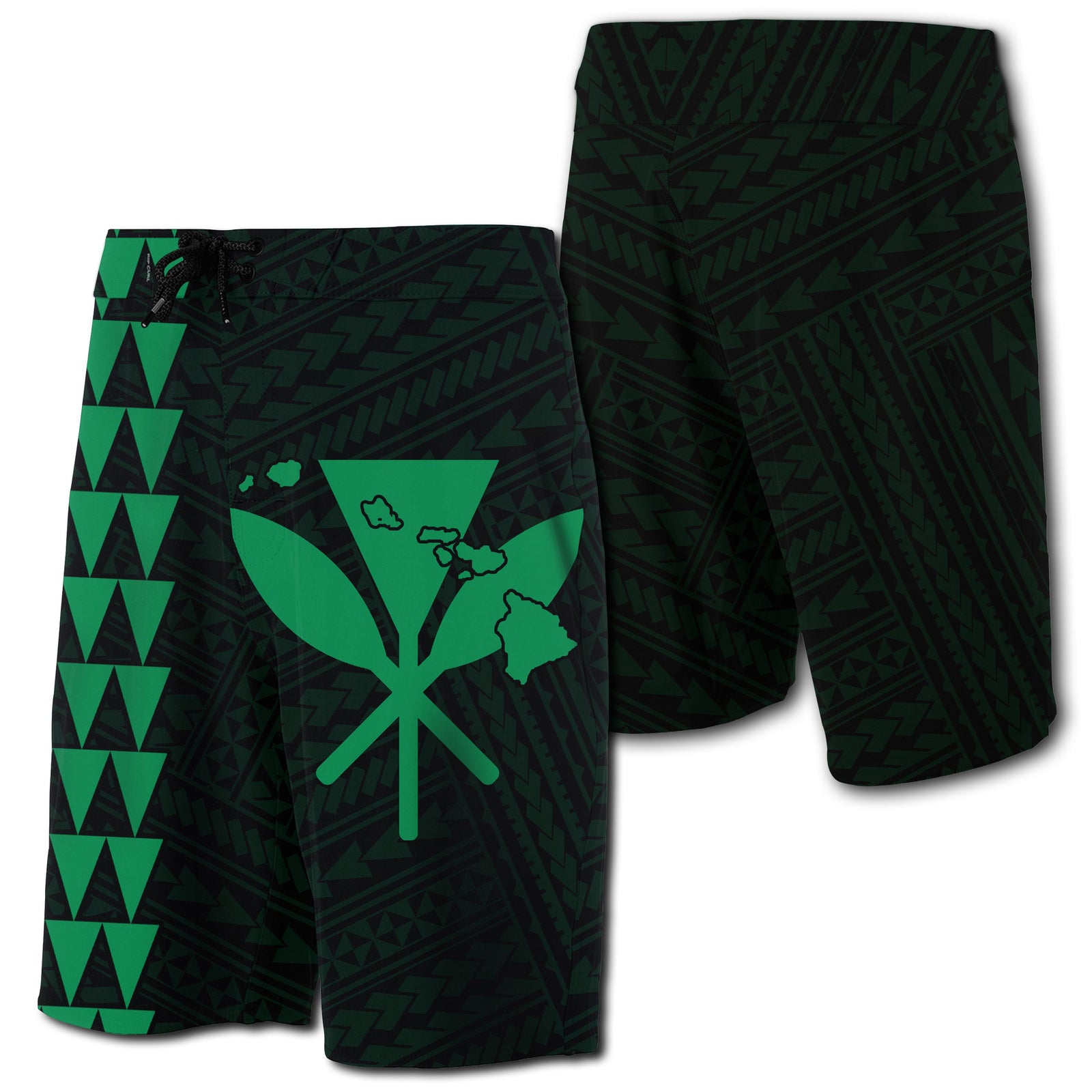 Hawaii Kakau Polynesian Kanaka Map Board Shorts - Green Men Green - Polynesian Pride