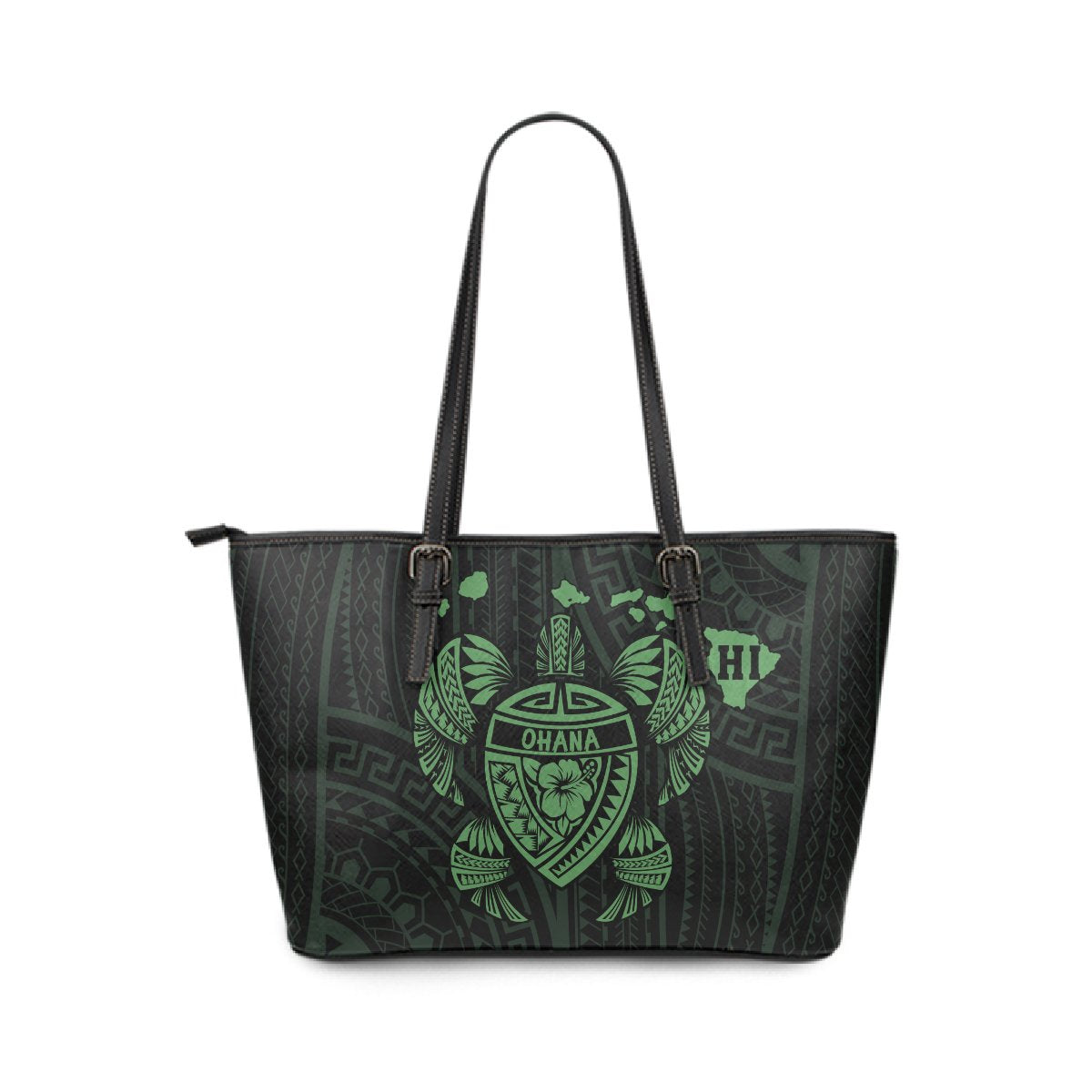 Hawaii Kakau Polynesian Ohana Turtle Map Small Leather Tote - Green Green - Polynesian Pride