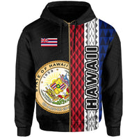 Polynesian Kakau Hawaii Flag Seal of Hawaii Zip Hoodie Grey - Polynesian Pride