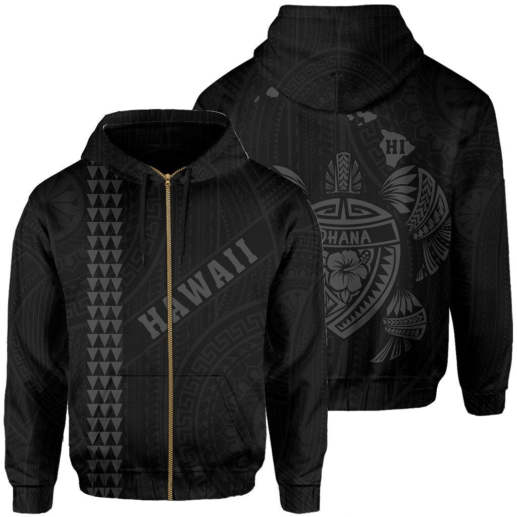 Polynesian Kakau Turtle Ohana Map of Hawaii Zip Hoodie Grey Unisex Grey - Polynesian Pride