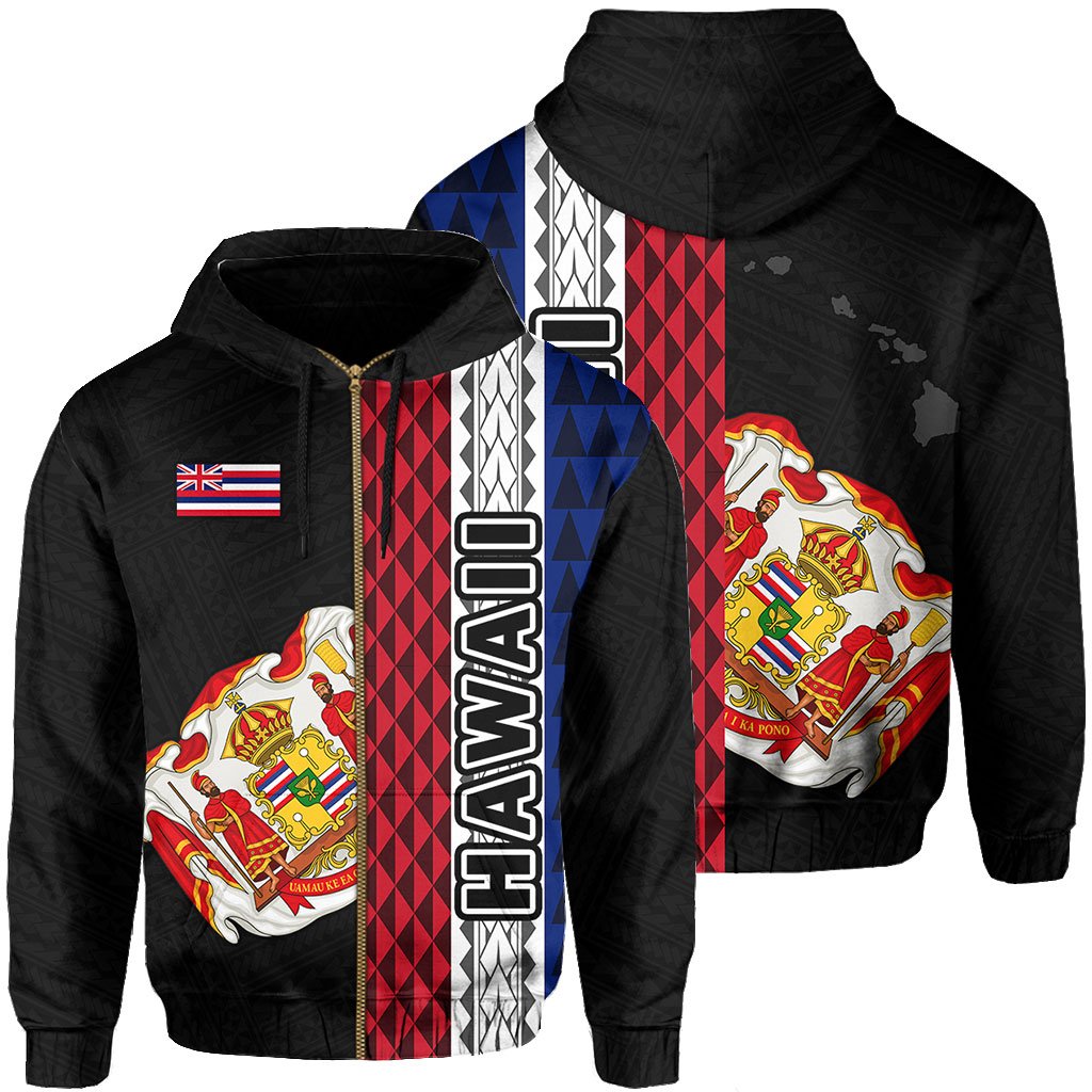 Polynesian Kakau Hawaii Flag Royal Coat of Arms Hawaii Zip Hoodie Grey Unisex Grey - Polynesian Pride