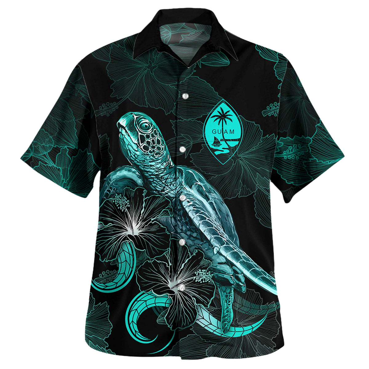 Guam Matching Dress and Hawaiian Shirt Coat Of Arms with Polynesian with Turtle and Blooming Hibiscus Turquoise - Polynesian Pride
