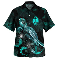 Guam Matching Dress and Hawaiian Shirt Coat Of Arms with Polynesian with Turtle and Blooming Hibiscus Turquoise - Polynesian Pride