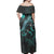 Guam Woman Off Shoulder Long Dress - Guam Coat Of Arms With Polynesian Turtle Blooming Hibiscus Turquoise - Polynesian Pride