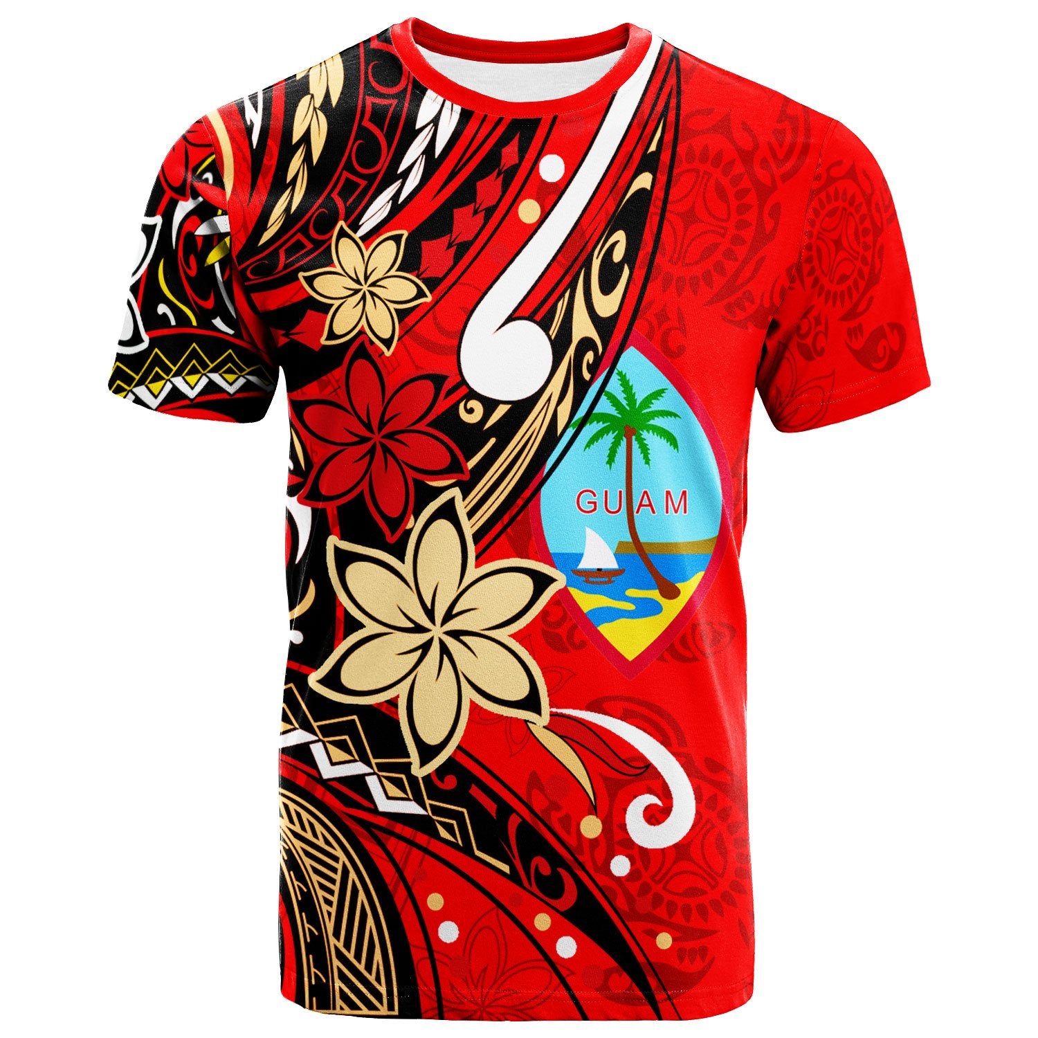 Guam T Shirt Tribal Flower With Special Turtles Red Color Unisex Red - Polynesian Pride