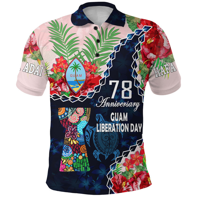 Guam Liberation Day Polo Shirt Latte Stone Hibiscus Painting LT9 Adult Blue - Polynesian Pride