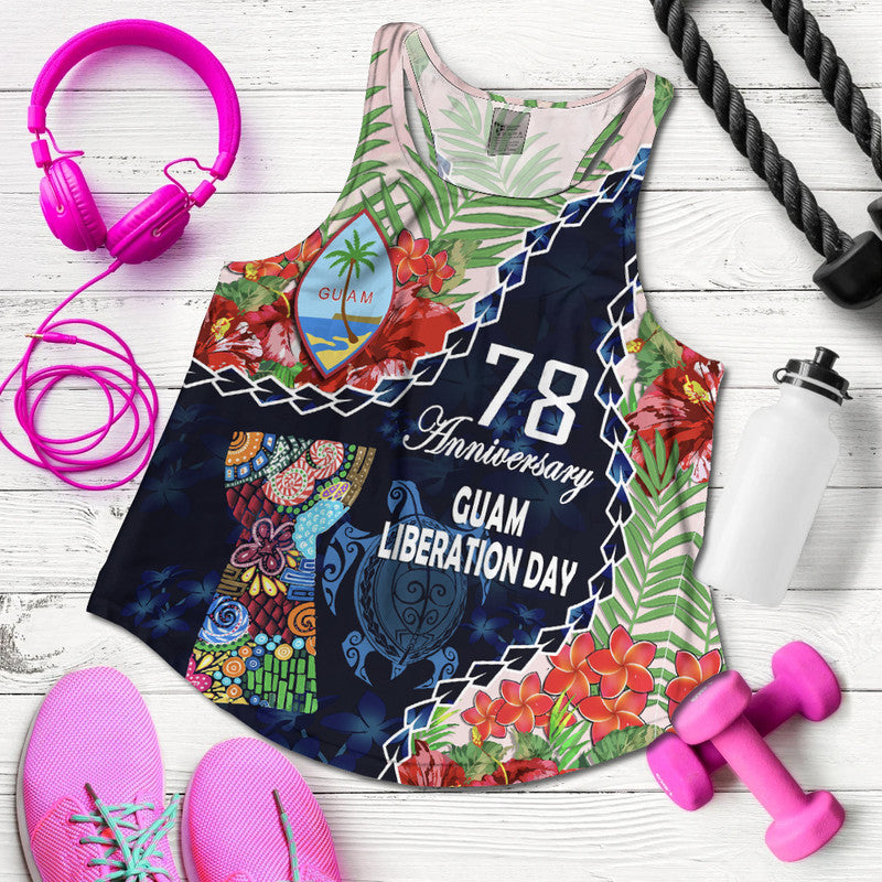 Guam Liberation Day Women Racerback Tank Latte Stone Hibiscus Painting LT9 Blue - Polynesian Pride