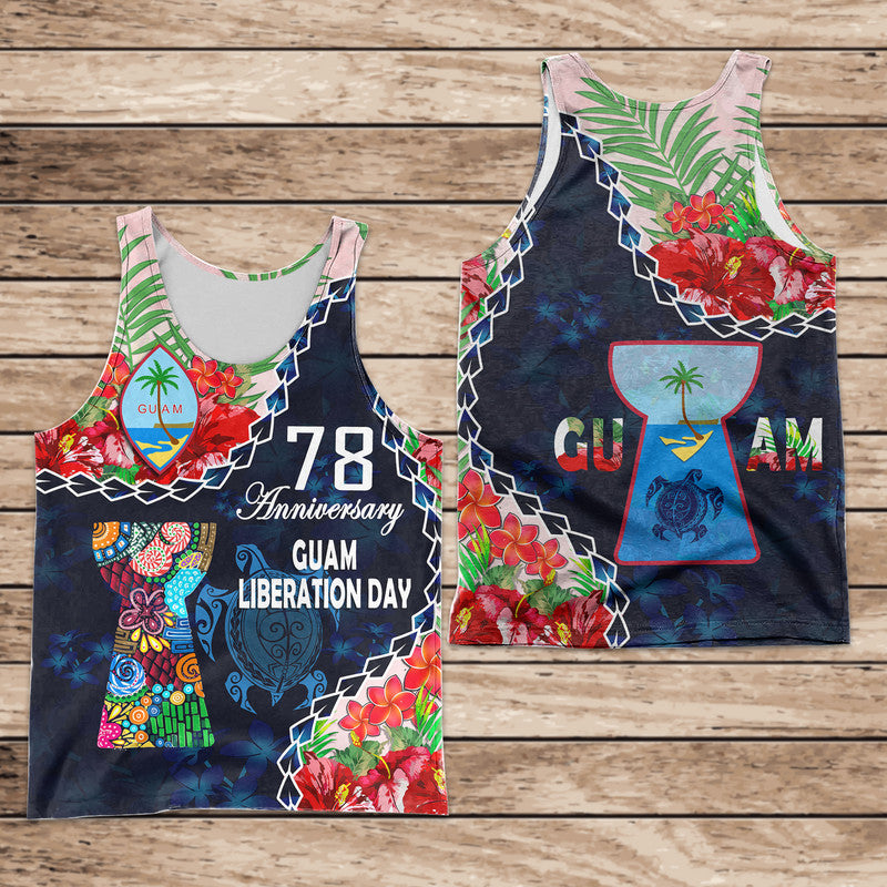 Guam Liberation Day Men Tank Top Latte Stone Hibiscus Painting LT9 Blue - Polynesian Pride