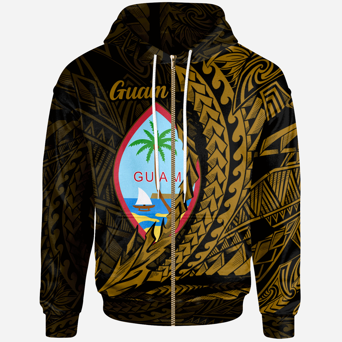 Guam Zip Hoodie Wings Style Gold Version Unisex Black - Polynesian Pride
