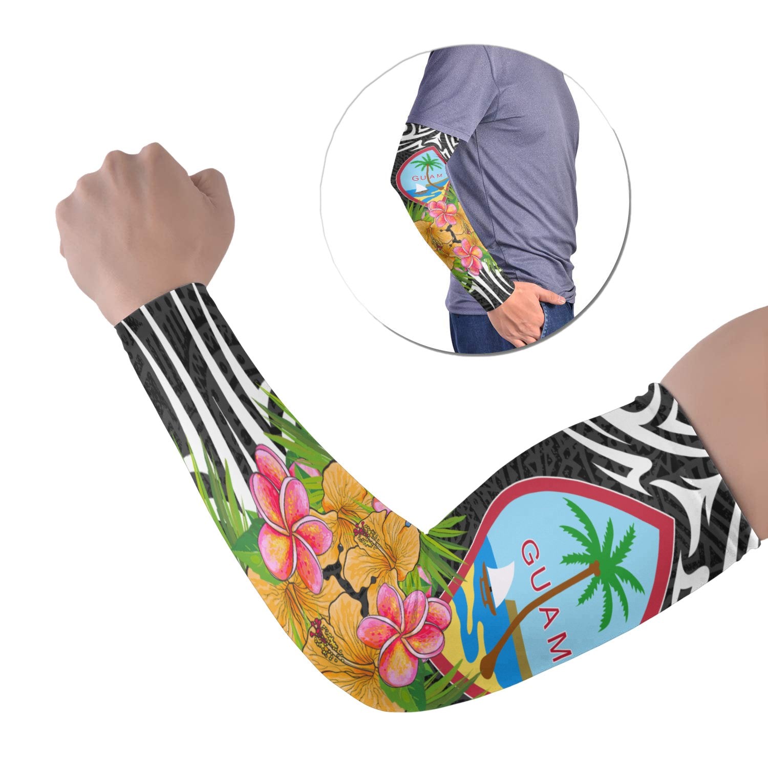 Guam Arm Sleeve (Set of 2) - Tribal Patterns With Flowers Set of 2 Black - Polynesian Pride