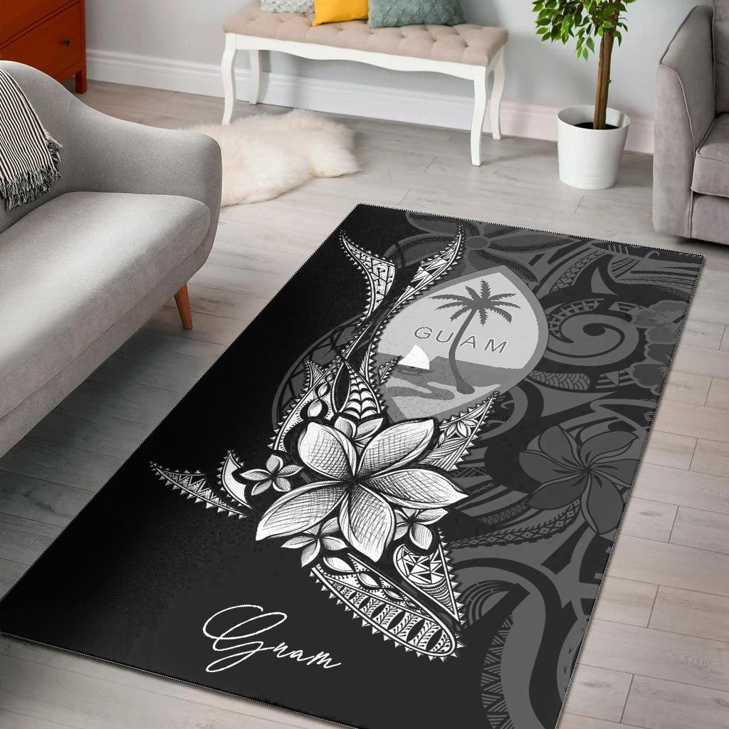 Guam Area Rug - Fish With Plumeria Flowers Style Black - Polynesian Pride