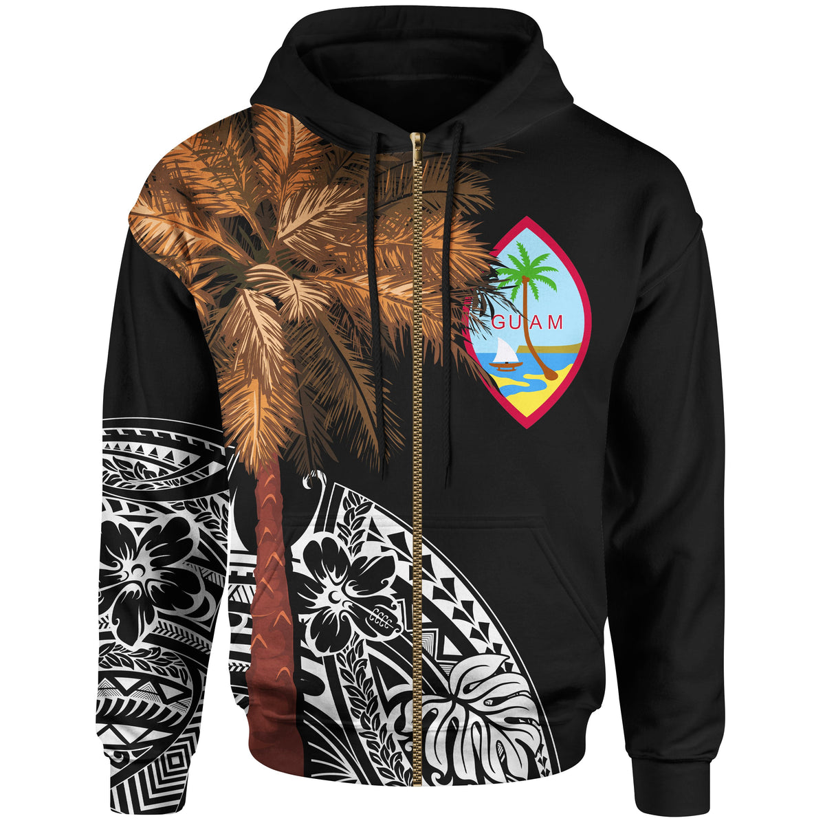 Guam Zip up Hoodie Guahan Palm Tree Polynesian Pattern Black Unisex Black - Polynesian Pride