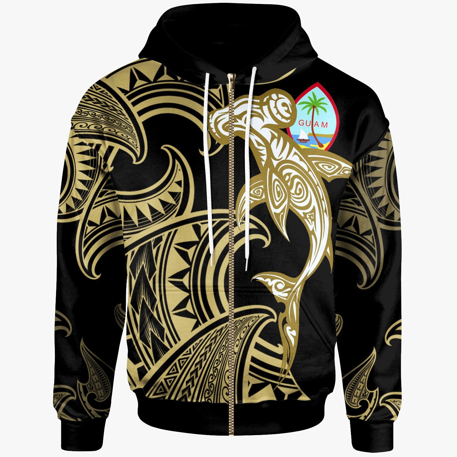 Guam Zip up Hoodie Hammerhead Shark Tribal Pattern Unisex Gold - Polynesian Pride