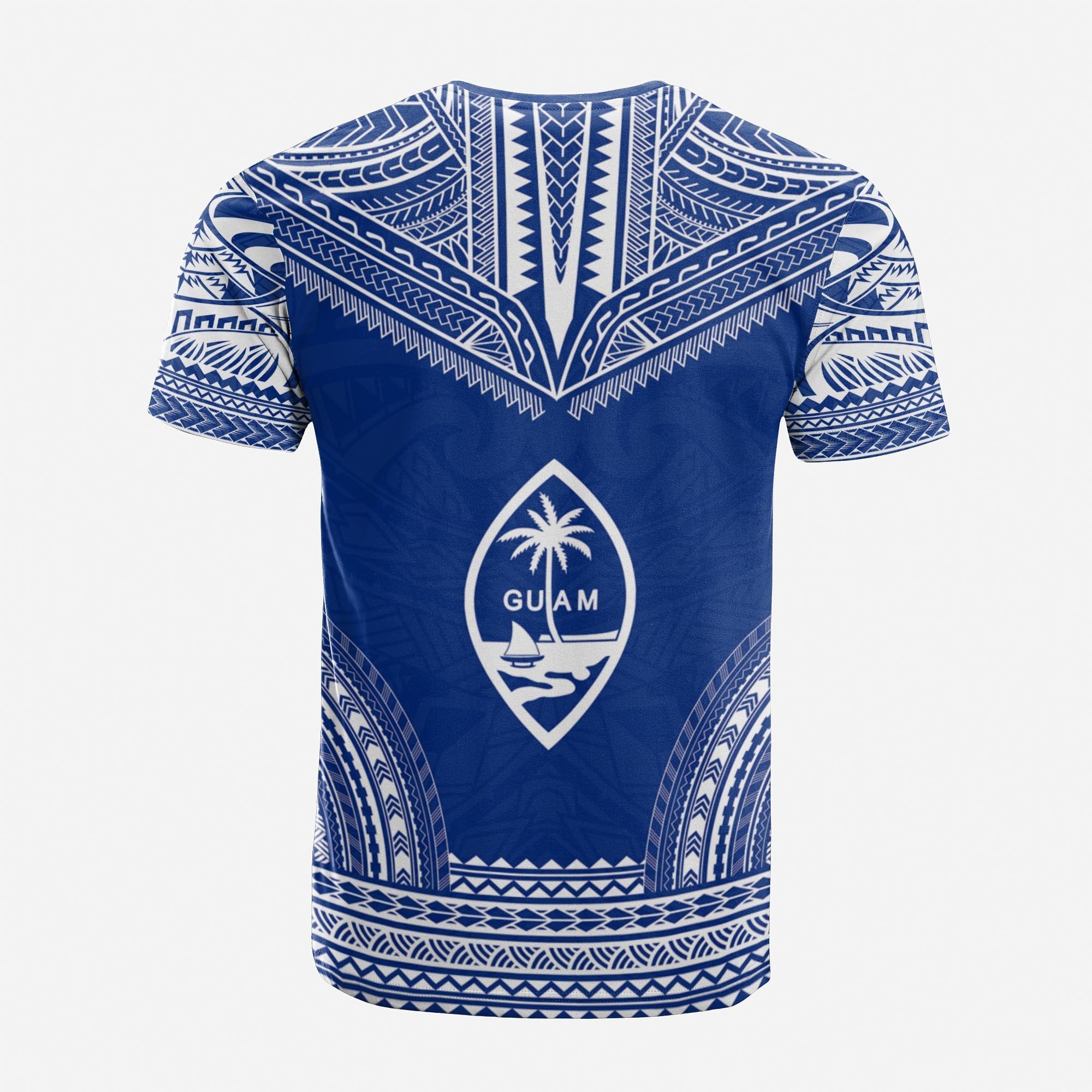 Guam Custom T Shirt Guam Coat of Arms Polynesian Chief Tattoo Blue Version Unisex Blue - Polynesian Pride