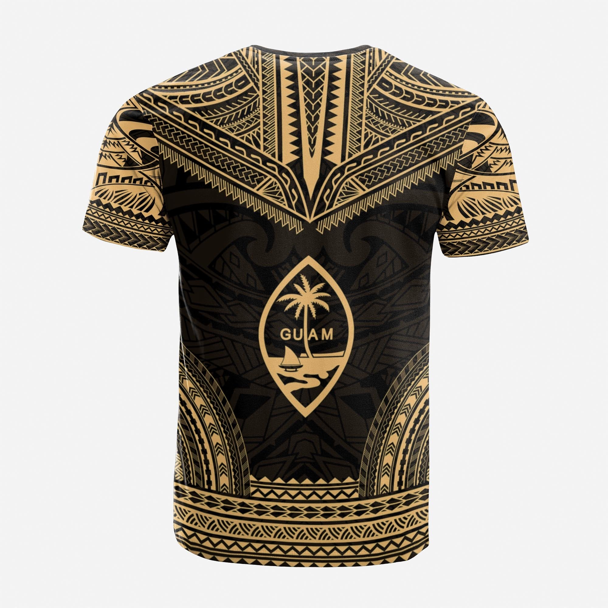 Guam Custom T Shirt Guam Coat of Arms Polynesian Chief Tattoo Gold Version Unisex Gold - Polynesian Pride