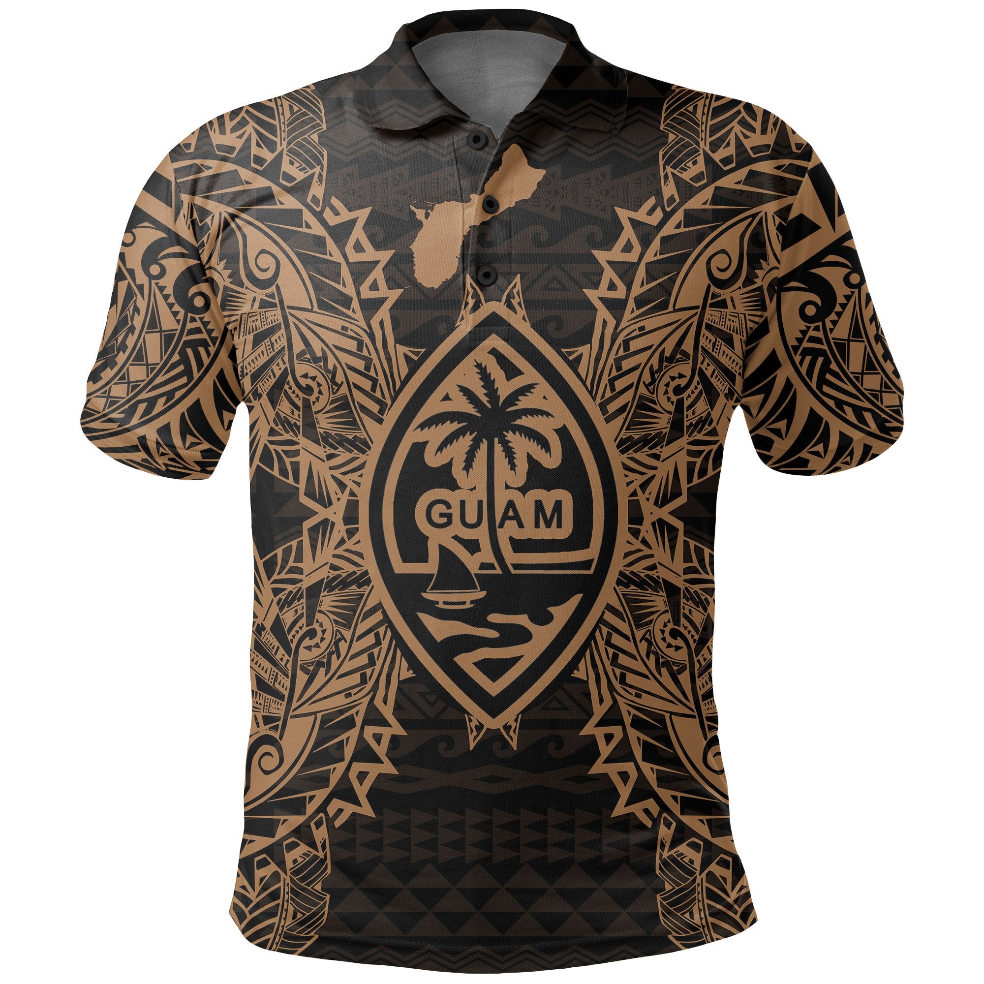 Guam Polo Shirt Guahan Coat Of Arms Map Polynesian Tattoo Gold Unisex Gold - Polynesian Pride