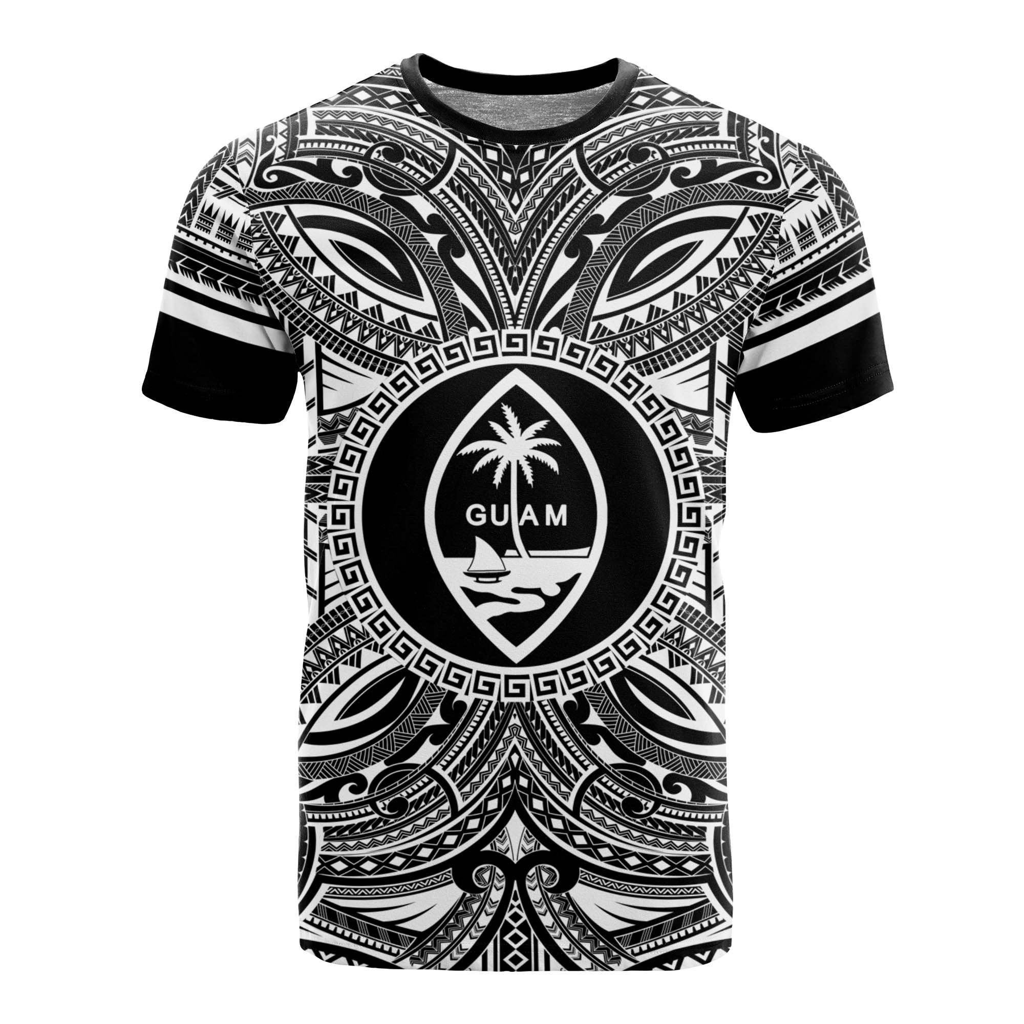 Guam T Shirt Guam Coat of Arms Polynesian White Black Unisex Black - Polynesian Pride