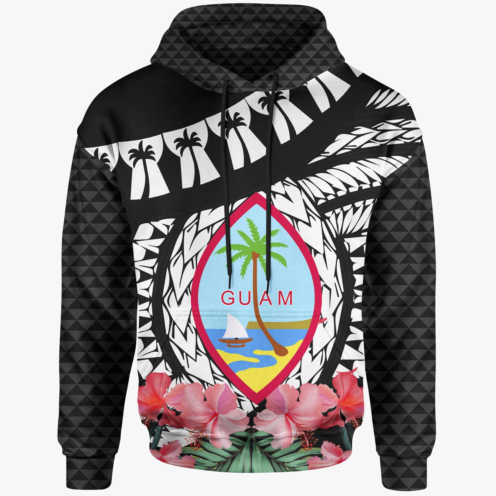 Guam Hoodie Polynesian Pattern Black With Hibiscus Unisex Black - Polynesian Pride