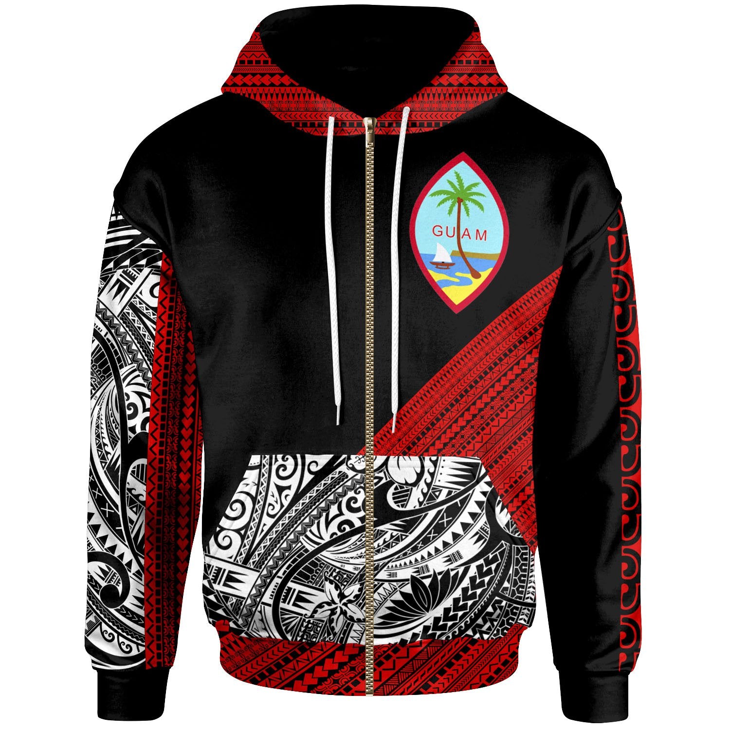 Guam Custom Zip Hoodie Polynesian Diagonal Pattern Red Unisex Red - Polynesian Pride