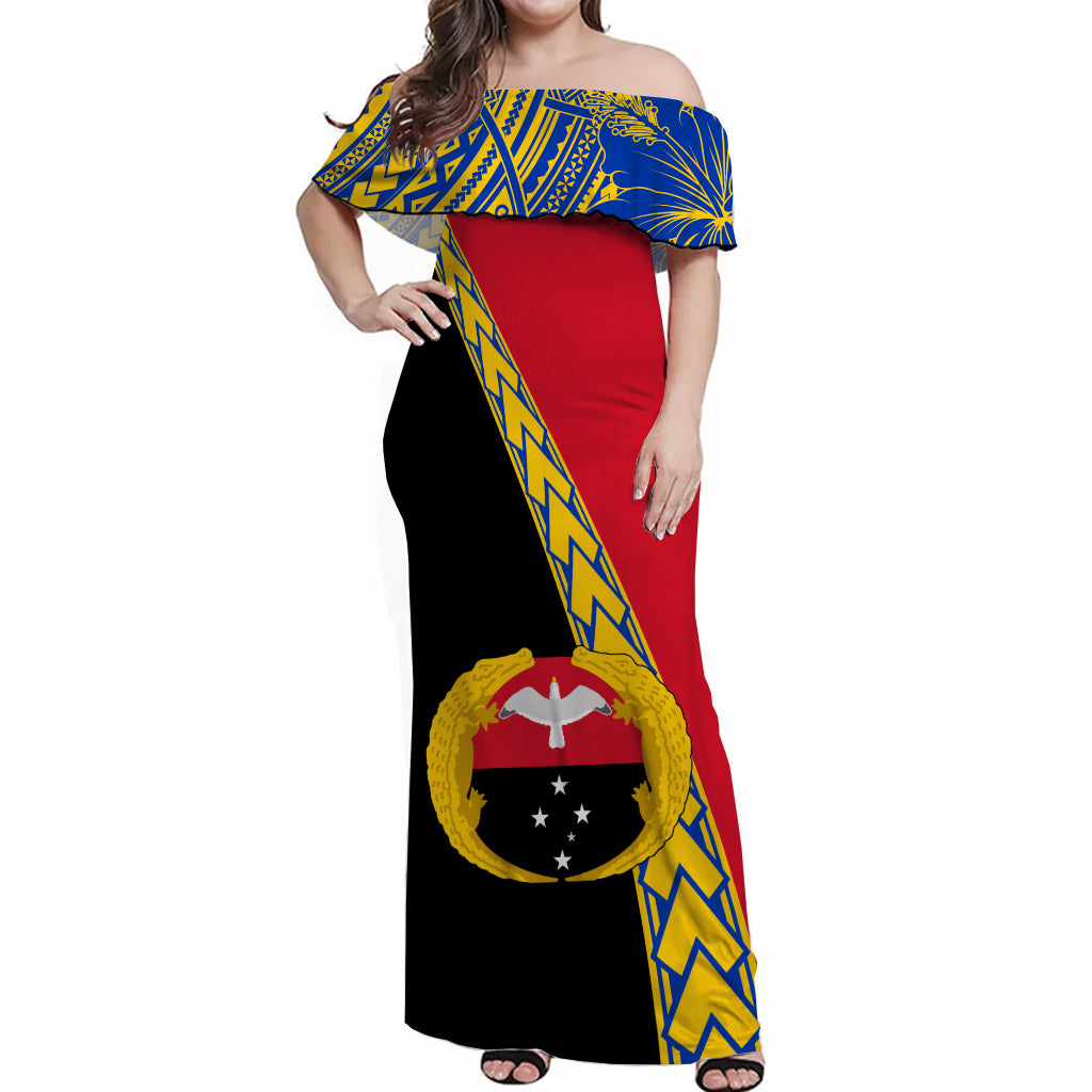 PNG Hibiscus Tribal Pattern Off Shoulder Long Dress - Gulf Province LT7 Long Dress Art - Polynesian Pride