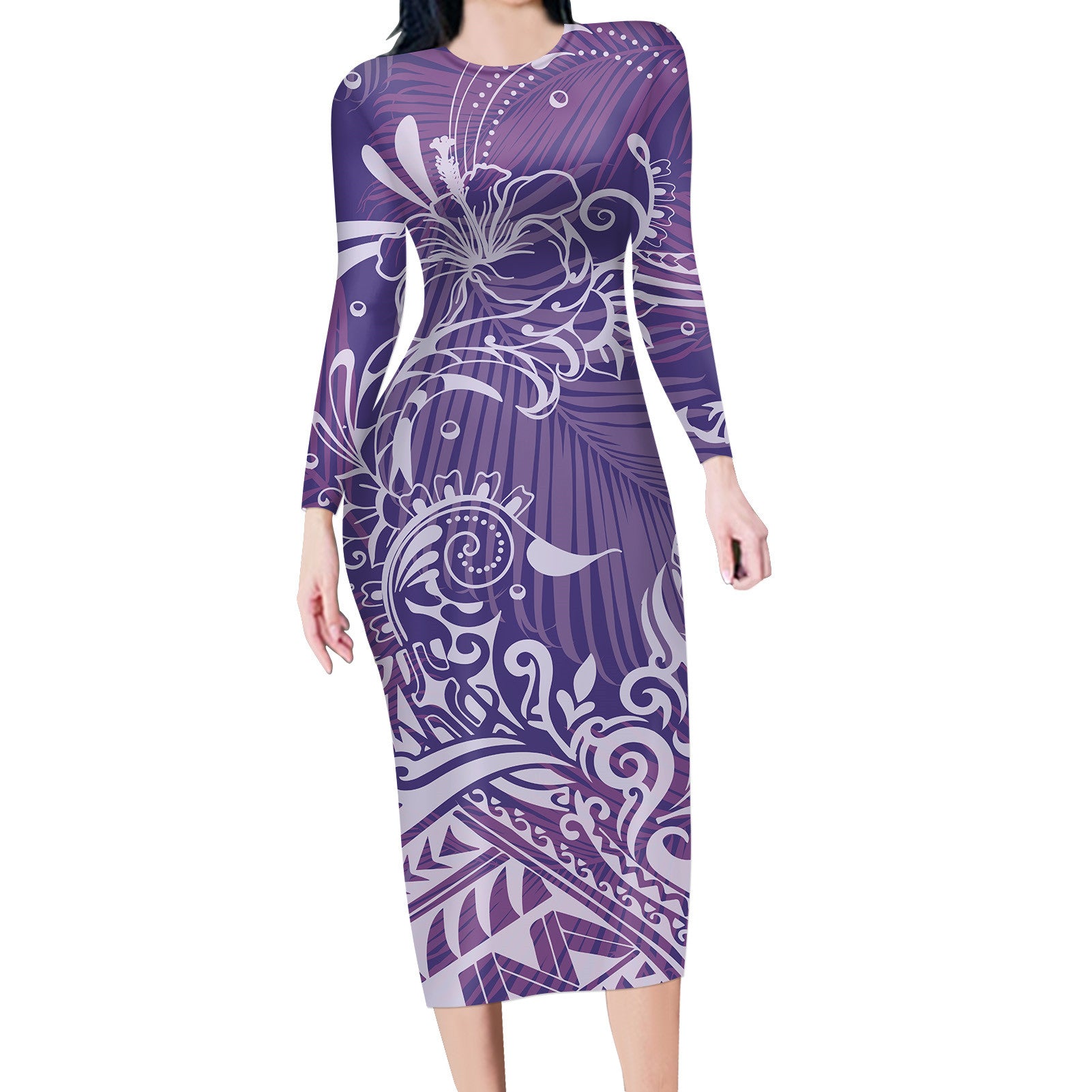 Polynesian Tribal Long Sleeve Dress Pastel Purple Long Dress Purple - Polynesian Pride