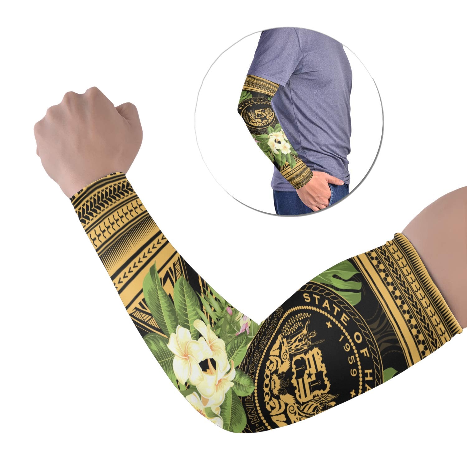 Hawaii Arm Sleeve (Set of 2) - Gold Coat Of Arms Tropical Flowers Polynesian Patterns Set of 2 GOLD - Polynesian Pride