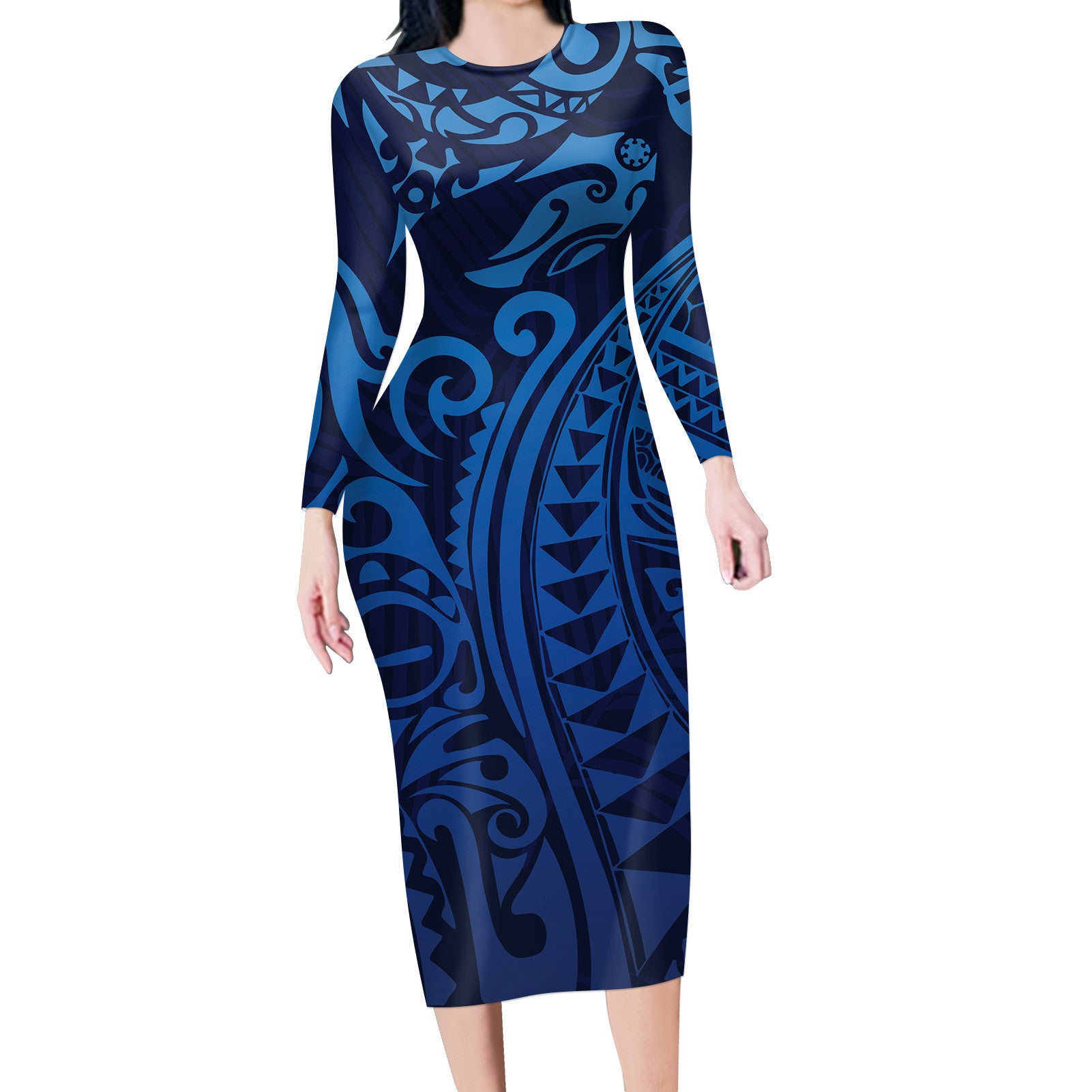 Polynesian Pattern Long Sleeve Dress Black Blue Long Dress Blue - Polynesian Pride