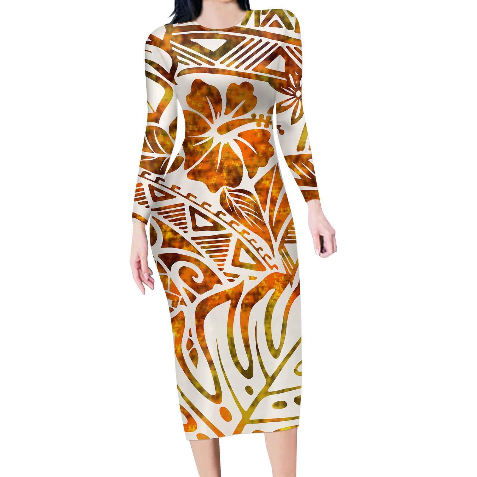 Hawaiian Long Sleeve Dress Hibiscus Polynesian Pattern Orange Beige Long Dress Orange - Polynesian Pride