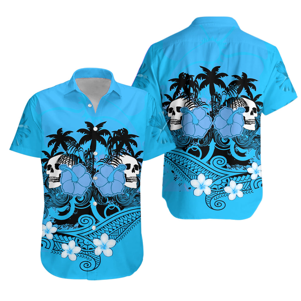 Hawaii Skull Matching Dress and Hawaiian Shirt Mysterious Polynesia and Blue Flowers LT13 - Polynesian Pride