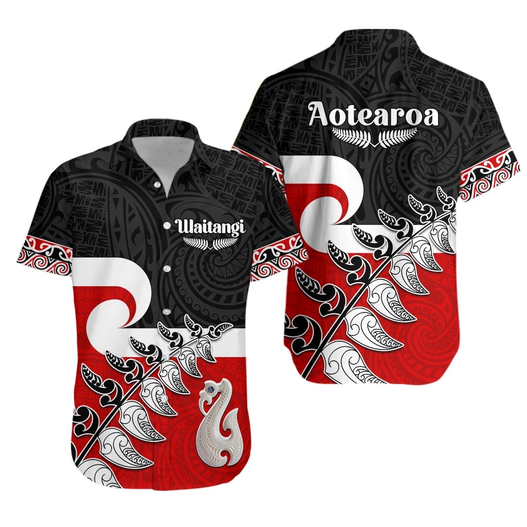 Waitangi Hawaiian Shirt Aotearoa Maori Pattern Mix Fern and Manaia Koru LT13 Unisex Black - Polynesian Pride