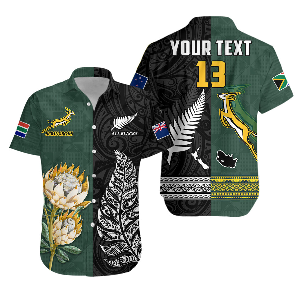 (Custom Text and Number) South Africa Protea and New Zealand Fern Hawaiian Shirt Rugby Go Springboks vs All Black LT13 Unisex Art - Polynesian Pride