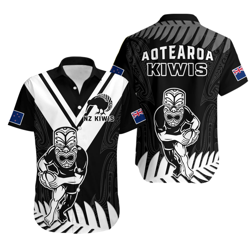 New Zealand Silver Fern Rugby Hawaiian Shirt NZ Kiwi Pacific Maori Sporty LT14 Black - Polynesian Pride
