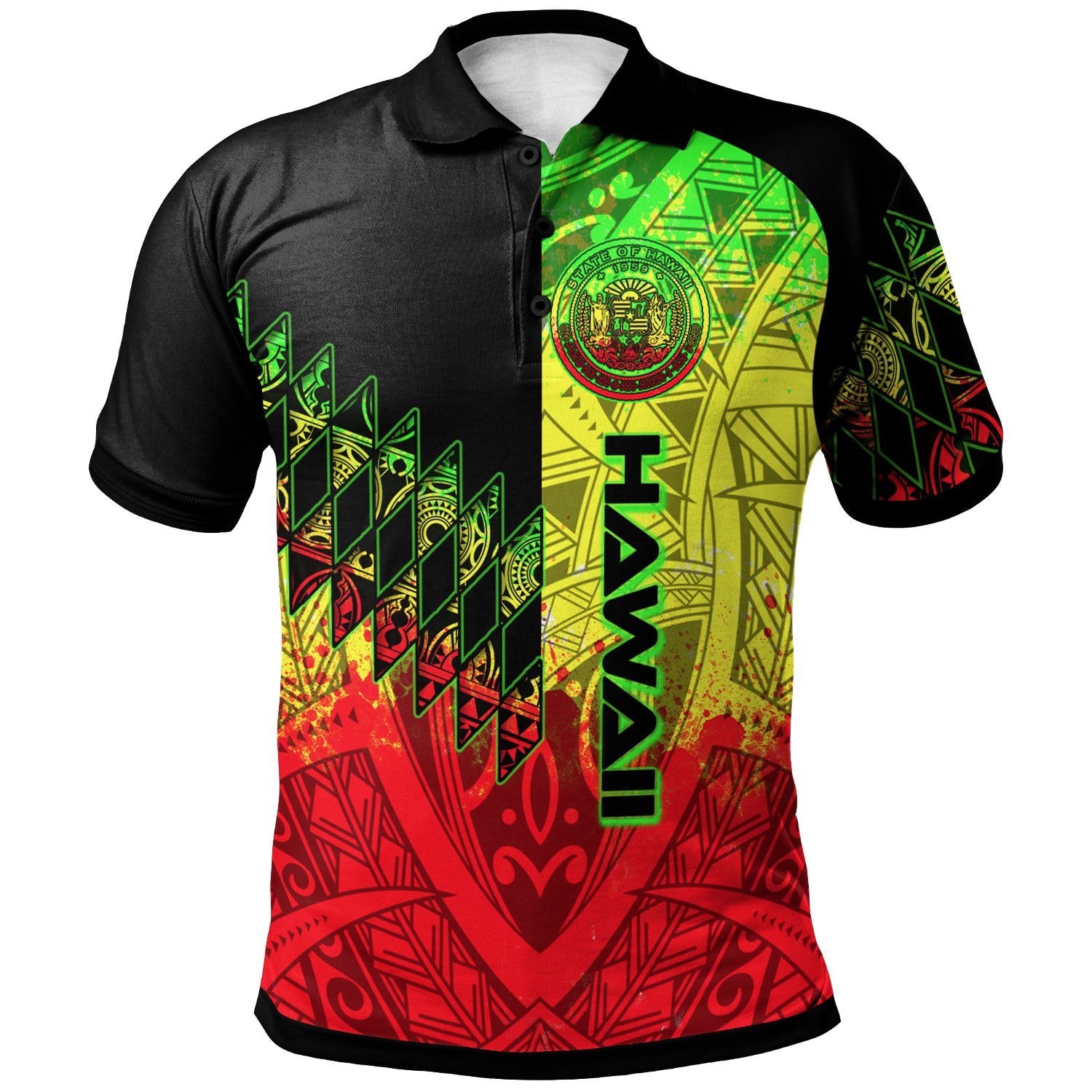 Hawaii Polo Shirt Reggage Color Symmetry Style Unisex Black - Polynesian Pride