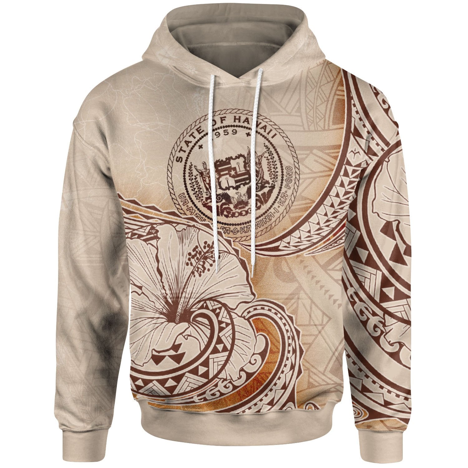 Hawaii Hoodie Hibiscus Flowers Vintage Style Unisex Nude - Polynesian Pride