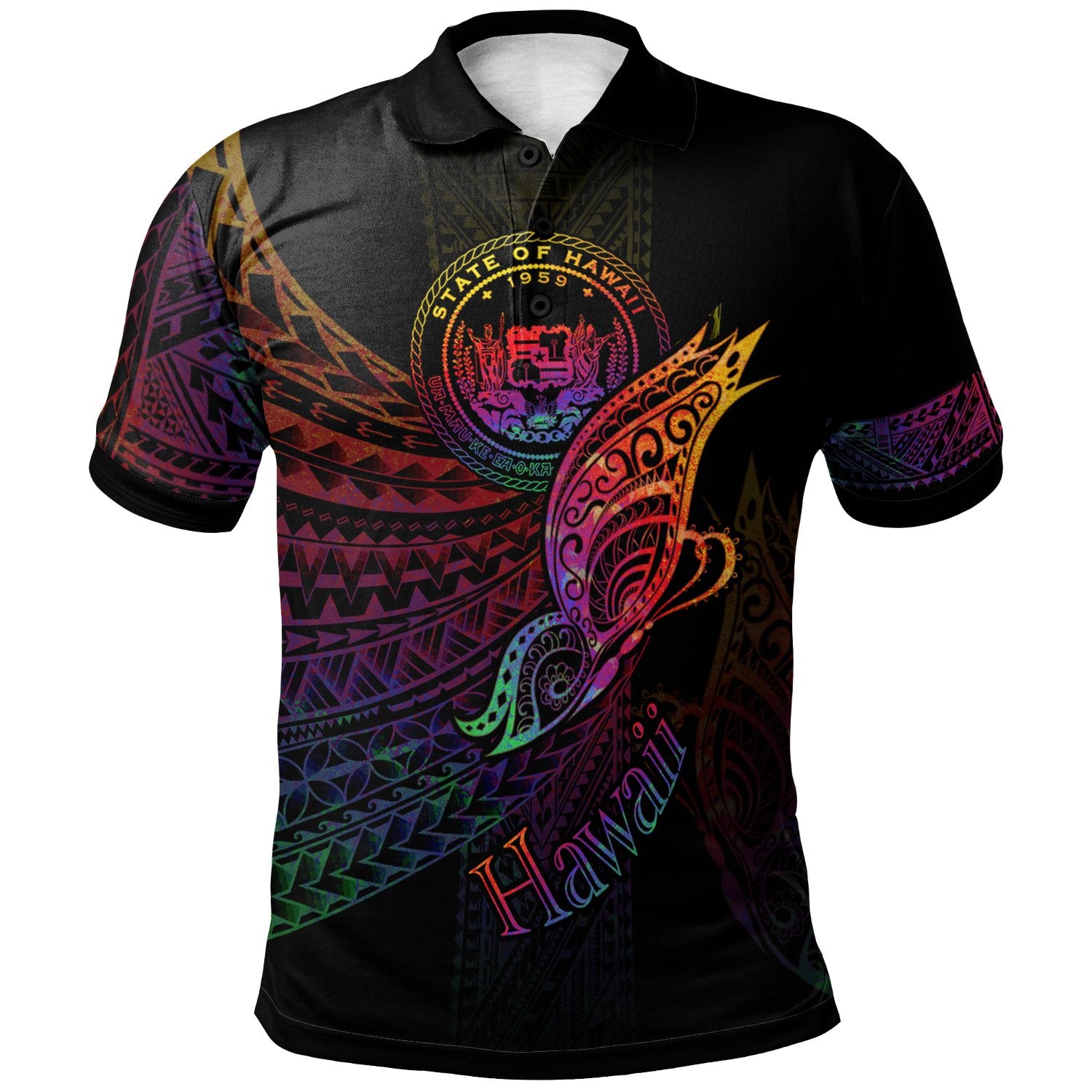 Hawaii Polo Shirt Butterfly Polynesian Style Unisex Black - Polynesian Pride