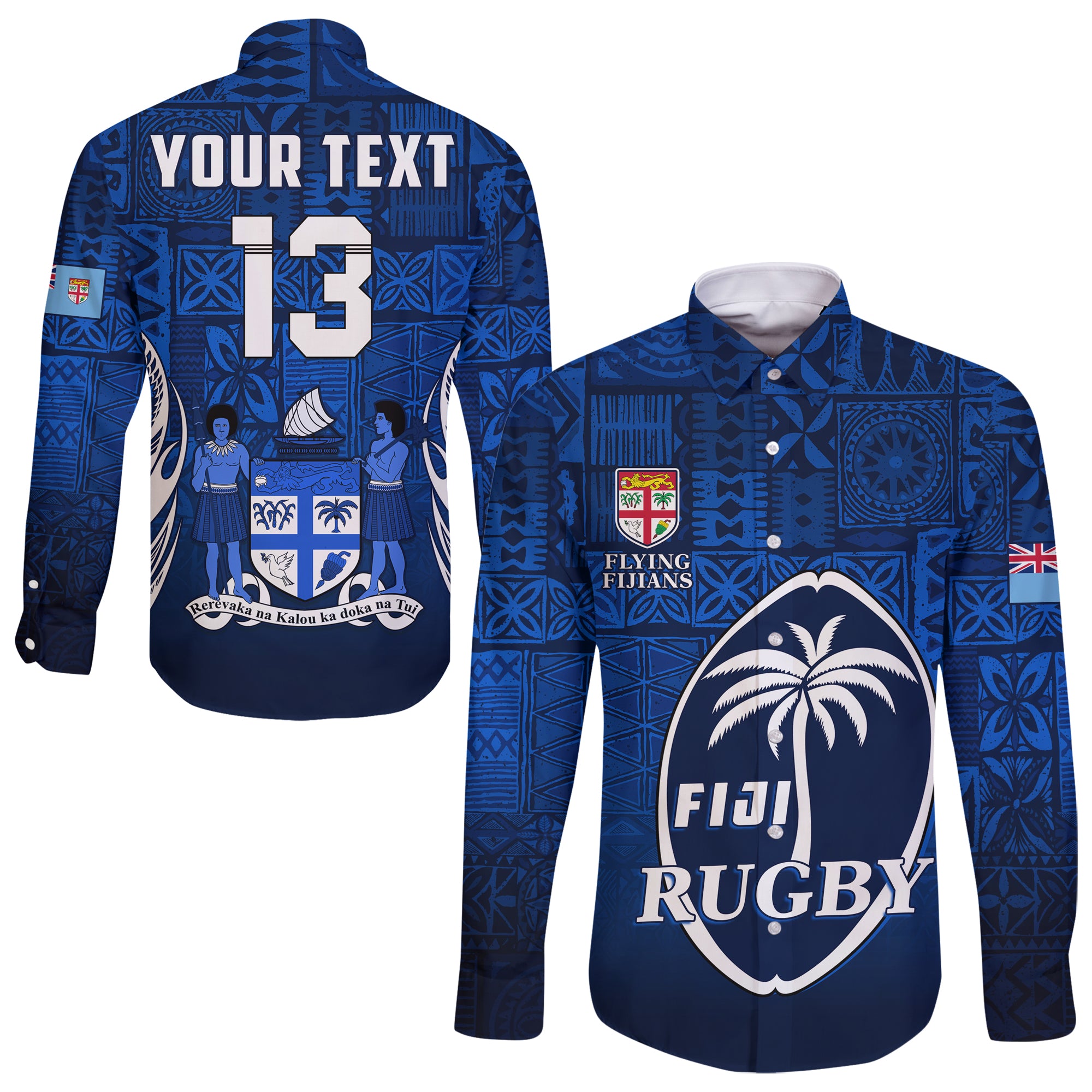 (Custom Text and Number) Fiji Rugby Hawaii Long Sleeve Button Shirt Flying Fijians Blue Tapa Pattern LT13 Unisex Blue - Polynesian Pride